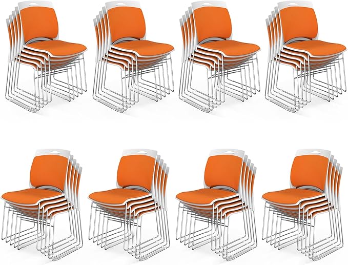 VINGLI Stackable Chairs Set of 40, Stacking Office Chairs with Metal Sled Base, Ergonomic Plastic Padded Seat & Back, Capacity 350lbs, Stacking Chairs for Waiting Room Break Room Banquet Guest, Orange