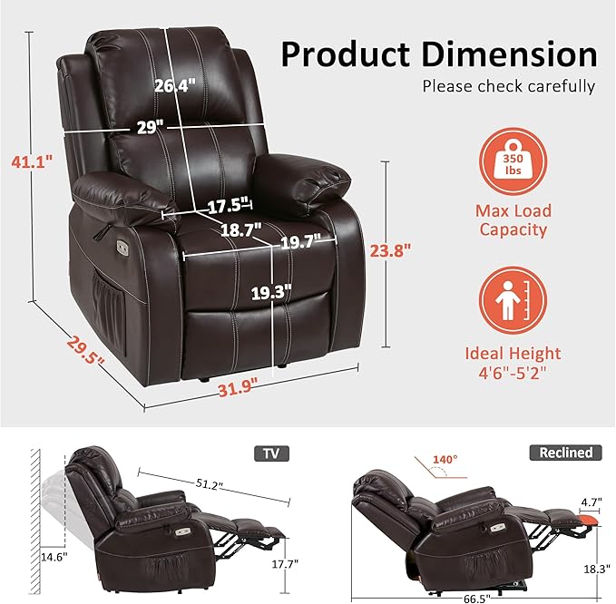 MCombo Small-Regular Power Lift Recliner Chair with Massage and Heat for Petite Elderly People, 3 Positions, 2 Side Pockets, USB Ports, Faux Leather 7408 (Dark Brown, Small-Regular)