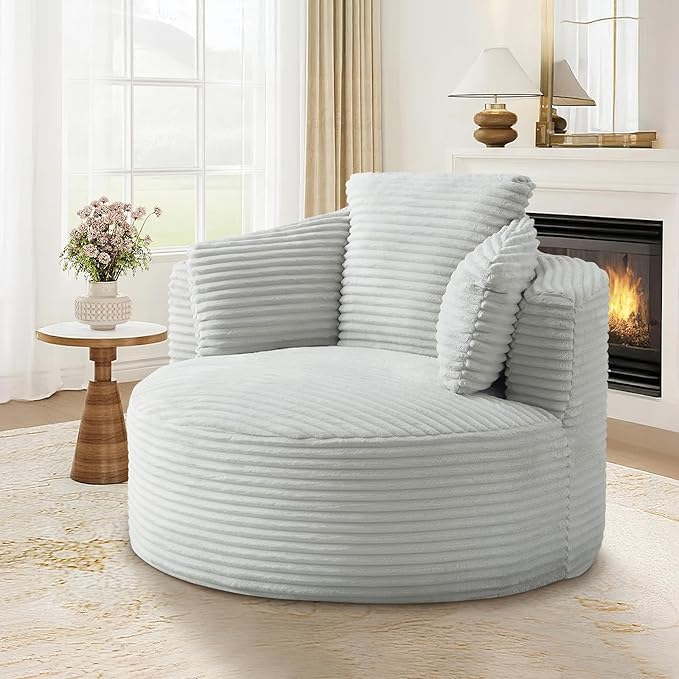 48"W Oversized Round Chaise Longue Chair Indoor,Corduroy Fluffy Comfy Cloud Chair,Circle Bean Bag Sofa with Foam Filling & Pillows,Boneless Reading Cozy Sofa Chairs for Living Room,Bedroom,Light Grey