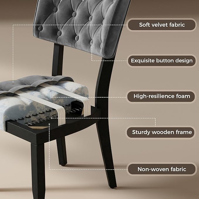 UVV Upholstered Dining Chairs Set of 2, Mid Century Modern Tufted Kitchen Chairs Dining Room Chairs, Velvet Dinner Chair with Wood Legs for Dining Room Kitchen, Dark Grey-Black Legs