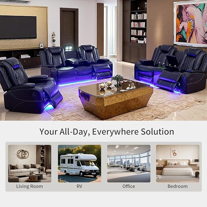 Leather Recliner Loveseat Set with LED Light, Power Black Leather Sectional Set, Living Room Furniture Sets 2 Seats, Modern Power Reclining Sofa Sets with Storage Console/Cup Holder for Living Room