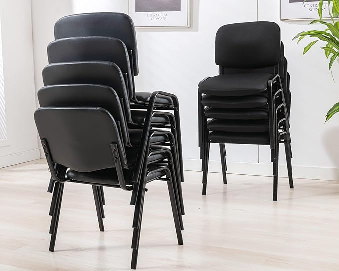 HNY Black Tablet Arm Chairs Set of 5, PU Comfort Office Waiting Room Guest Nesting Stacking Reception Chairs with Flip-Up Table Conference Chairs for School Classroom Training Meeting Room