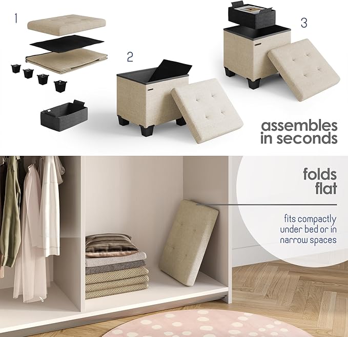 Storage Ottoman Cube with Small Bin, 16-in Square Ottoman with Storage for Living Room and Bedroom, Small Ottomans Foot Rest, Fabric Foot Stools Ottomans Max 330lbs, Beige