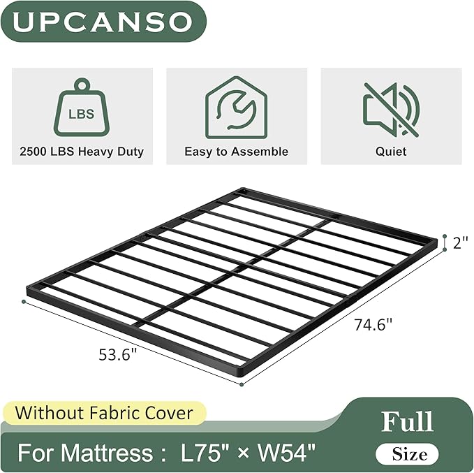 Upcanso Full Size Box Spring Bed Base 2 Inch, Low Profile Metal Boxspring Full Size Bunkie Board 2 Inch, 3000 Lbs Max Weight Capacity Mattress Foundation, Noise-Free, Easy Assembly