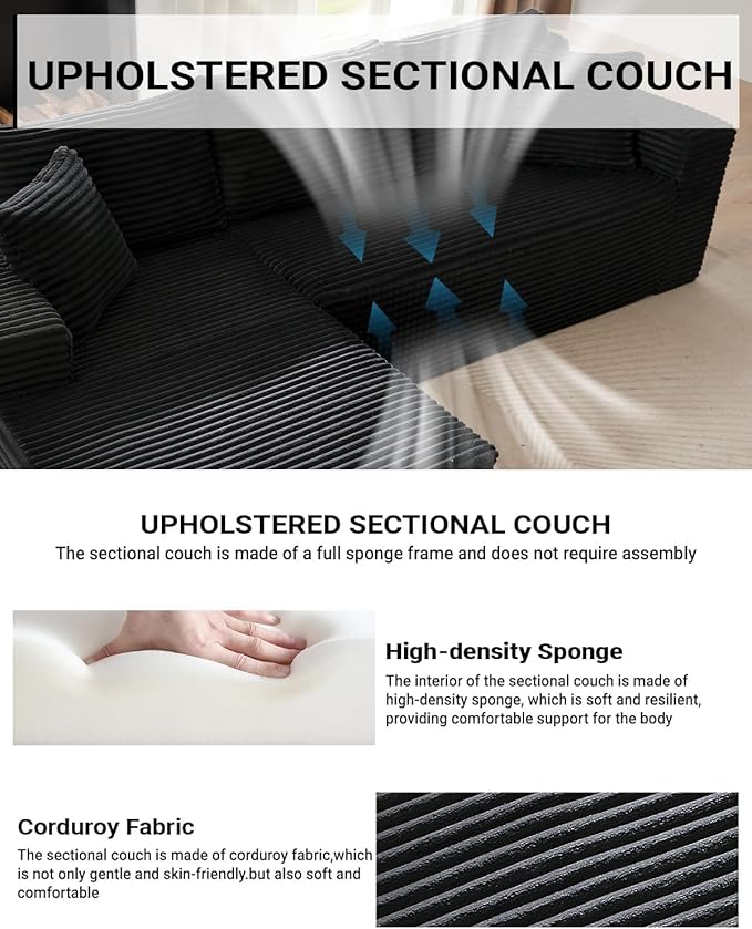 Vanress Cloud Couch Sectional, Corduroy Boneless Couch with L-Shape Chaise, Modern Modular Sectional Sofa Comfy Deep Seat for Living Room, Bedroom, No Assembly (Black, Right Facing Chaise)