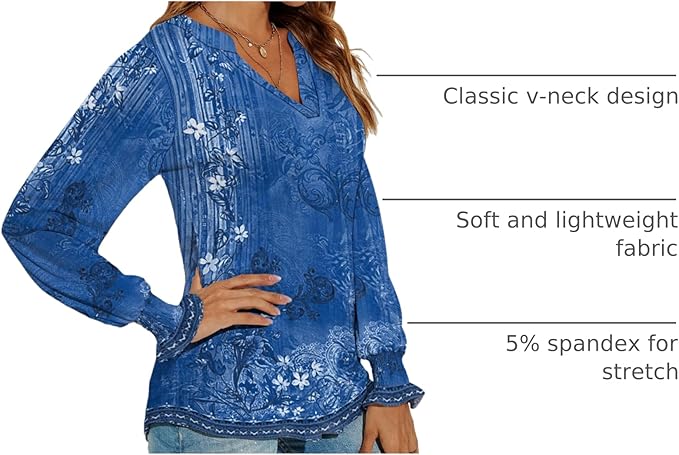 Romanstii Women's Casual V-Neck T-Shirts Loose Puff Long Sleeve Tops Tunic Blouses