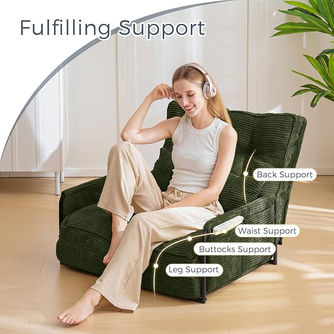 MAXYOYO Adjustable Floor Sofa Couch with Pillow, Multi-Functional Bean Bag Bed, 5-Position Foldable Lazy Sofa Sleeper Bed with Armrest, Versatile Floor Seating for Reading, Dark Green, Single