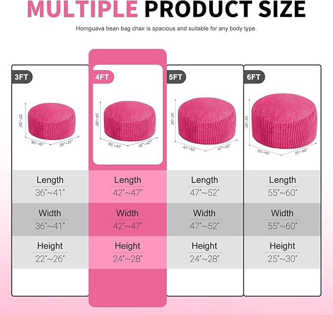 Homguava 4 FT Bean Bag Chair,4' Big Bean Bag,Large Bean Bag Chairs for Adults with Memory Foam Filled,Comfy Beanbag Chairs Soft Bean Bag Sofa with Dutch Corded Plush Cover-Pink