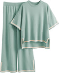 Faleave Womens Knit 2 Piece Sweater Sets Short Sleeve Pullover Tops Elastic Waist Wide Leg Pants Lounge Set
