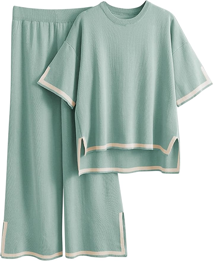 Faleave Womens Knit 2 Piece Sweater Sets Short Sleeve Pullover Tops Elastic Waist Wide Leg Pants Lounge Set