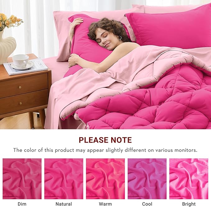 MUXHOMO 5 Pieces Twin Comforter Set, Reversible Bed in a Bag Twin Size, All Season Bedding Set with Comforter, Flat Sheet, Fitted Sheet, Pillowcases & Shams, Hot Pink & Baby Pink