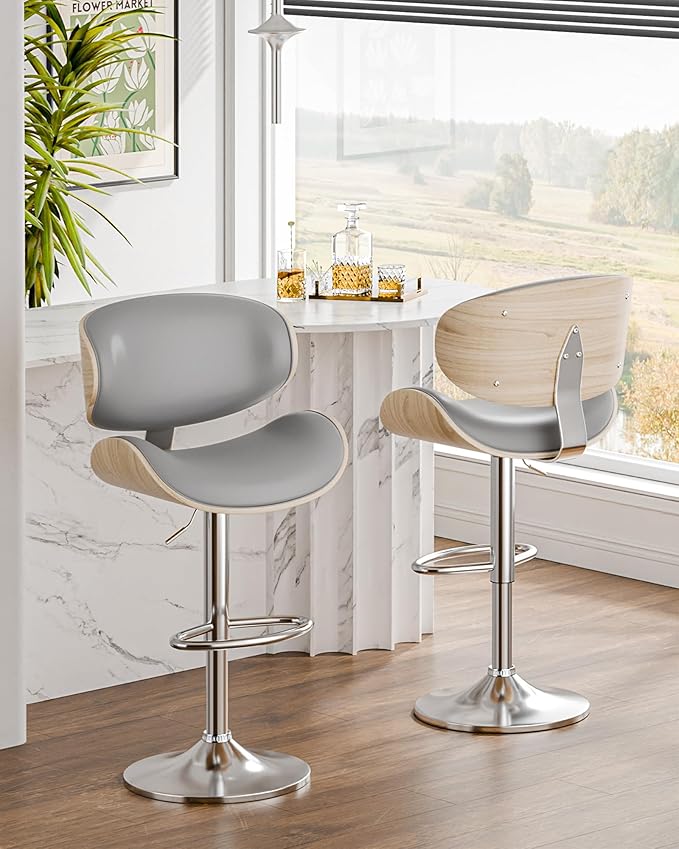 Aowos Bar Stools Set of 4, Adjustable Swivel Leather Bar Stools for Kitchen Island, Mid Century Modern Counter Height Bar Chairs Barstools with Back & Footrest (Grey)