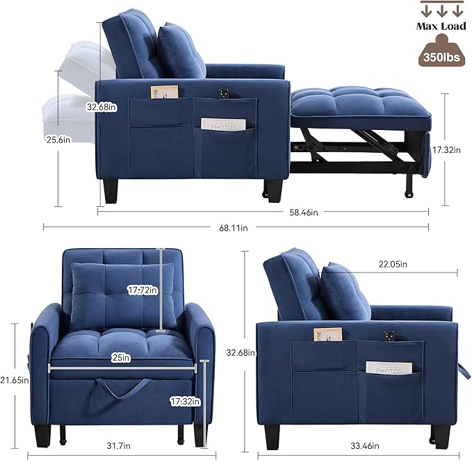 choairy Convertible Sleeper Chair, 3 in 1 Sleeper Chair Bed Pull Out Sofa Bed Chair, Single Sofa Bed Adjustable Backrest Chairs Bed Sleeper for Adults Reading Living Room, Bedroom, Velvet Blue