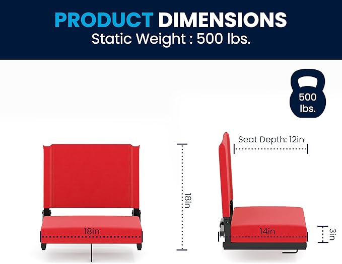 Flash Furniture Grandstand Portable Stadium Seats for Bleachers or Benches, Folding Padded Stadium Chairs with Handle, Pack of 2, 500 lb. Weight Capacity, Red