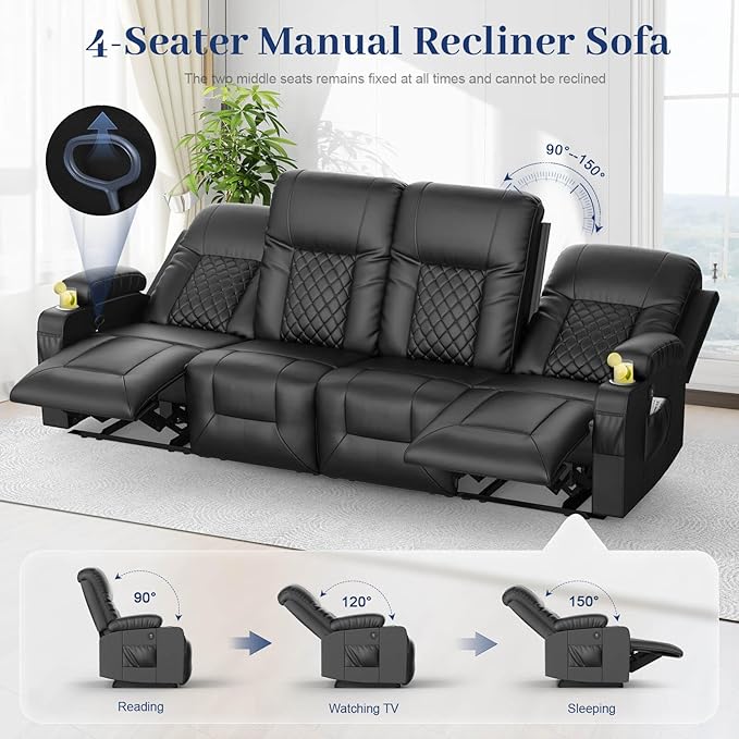 FURNIMAT Oversized Recliner Sofa Set with 4+1 Pieces in Living Room, 4 Seater Reclining Sofa with USB Ports, Cell Phone Holders, 1 Recliner Chair with Vibration Massage and Heat Single Sofa Seat