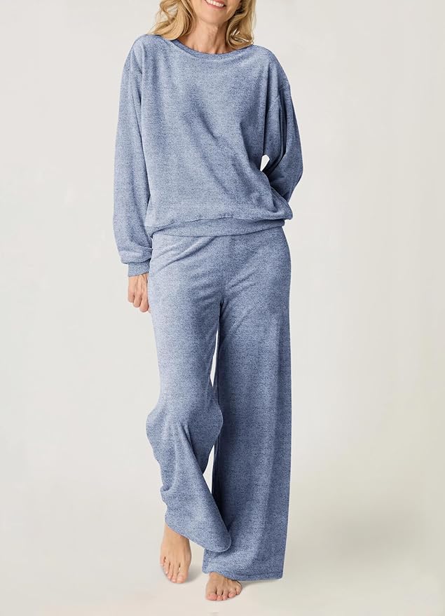 Aamikast Women's 2-Piece Lounge Set Soft Brushed Jersey Sleepwear Pajamas Set Long Sleeve Top & Wide Leg Pants