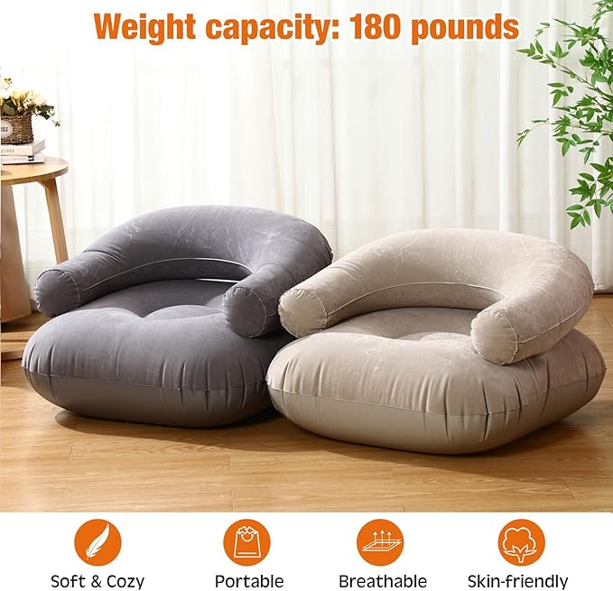 Threehoney 2 Pcs Inflatable Lounge Chair Deck Chair Lazy Sofa, Blow Up, Folding, Portable Couch for Home, Office Balcony, Floor Seating (Beige,Dark Grey)