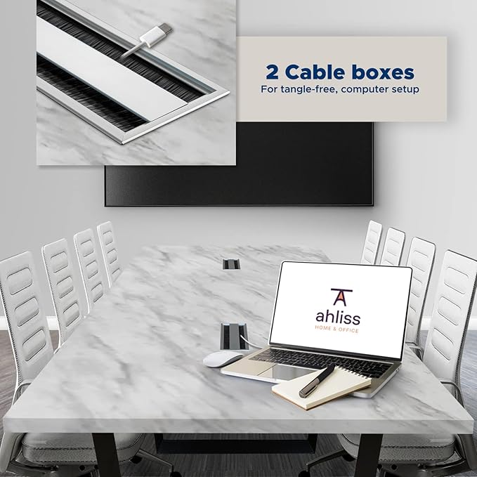 ahliss Sturdy Conference Table with Cable Management Grommets Modern Rectangle Office Meeting Table with Wood Tabletop and Metal Frame & Legs- Easy Assembly Boardroom Table (White Marble, 8 Foot)