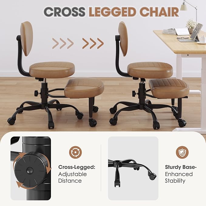 Anunweldo Cross Legged Office Chair, 360° Swivel ADHD Chairs for Adults, Height Adjustable Ergonomic Cross Legged Office Chair with Wheels, Wide Cross Legged Chair for Meditation, Yoga (Brown)