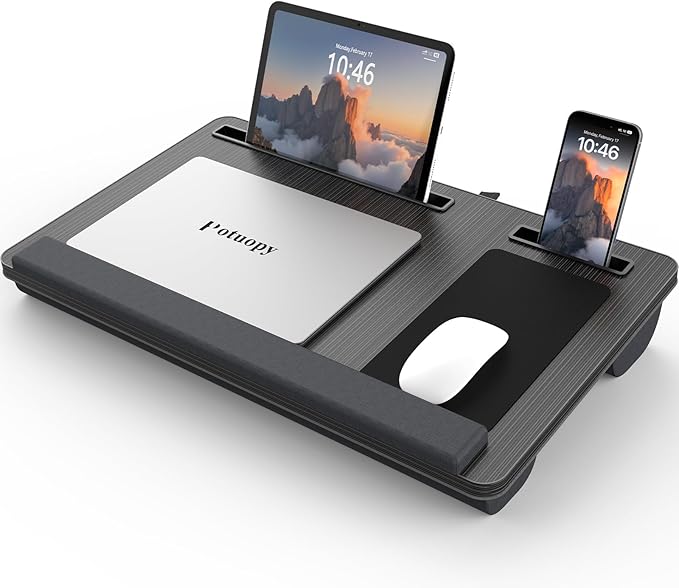 Lap Desk - Up to 17” Laptop Tray with Wrist Rest, Portable Handle, Fixed Mouse Pad, Tablet & Phone Slots, Laptop Stand for Bed with Cushion (Black)