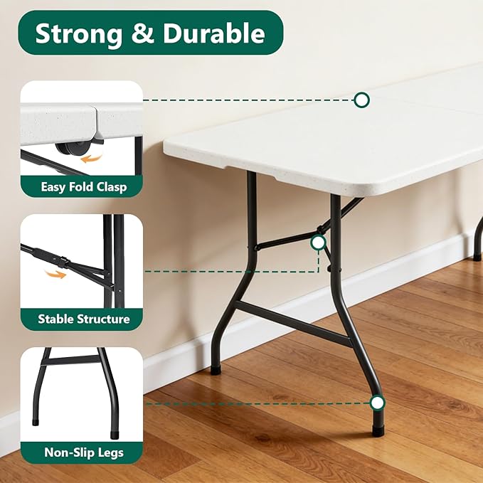 FurniEdge 6ft Folding Table with Handle, Heavy Duty Plastic Table, 300 lbs Portable Table, Reinforced Steel Legs, High Density Plastic, Ideal for Parties, Picnics, Weddings, Camping