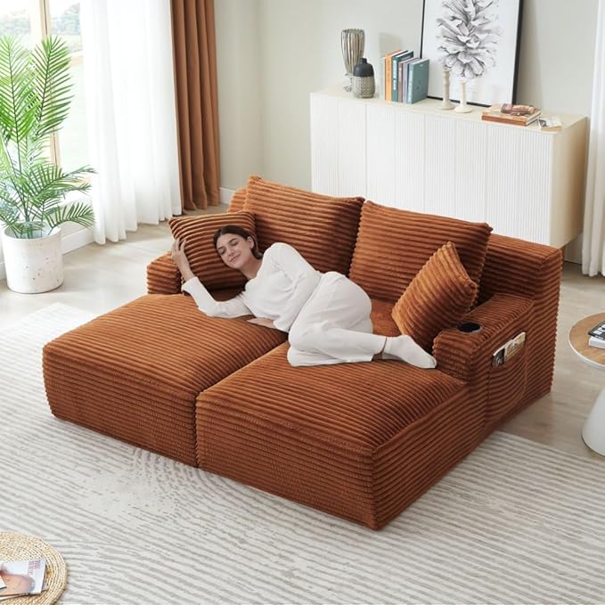71" Oversized Double Chaise Lounge Sofa Indoor Boneless Sleeper Daybed, Fluffy Corduroy Upholstered Compressed Cloud Couch Loveseat Sofabed, Floor Chair w/Cupholders, Side Pockets for Living Room