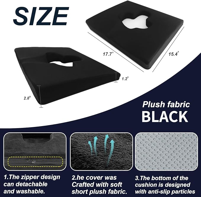 Gel Wheelchair Seat Cushion,Bed Sore Cushions for Butt,Sciatica,Coccyx,Pressure Sore Cushion for Office Chairs,Pain Relief Butt Pillow for Bedridden&Elderly,Washable Cover(Plush-Fabric Black)