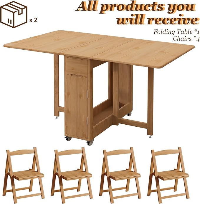 Bamboo Folding Dining Table Set for 4, Extendable Drop Leaf Foldable Table with Lockable Wheels & Storage for Small Spaces Kitchen Dining Room, Collapsible Dinette Expandable Rectangle (Wood)