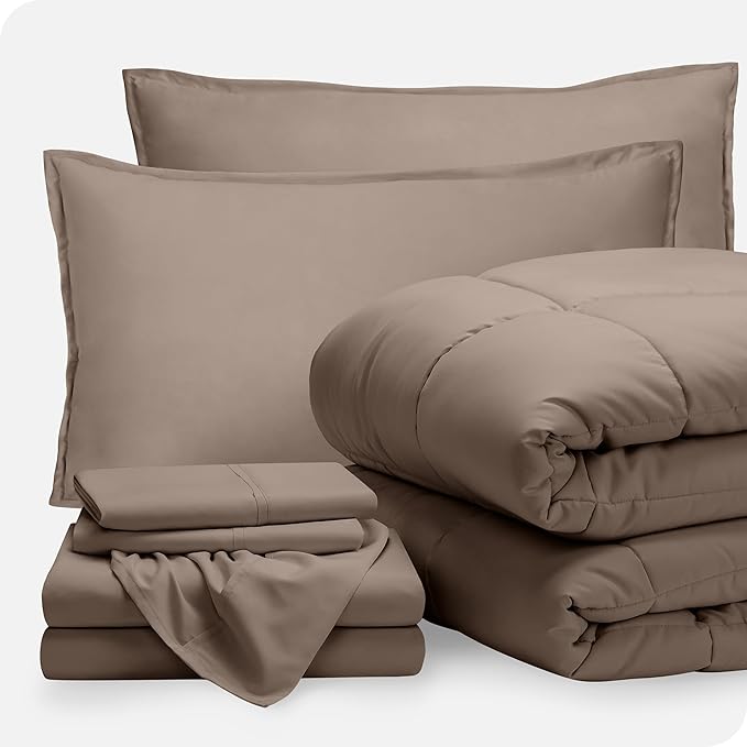 Bare Home Bed-in-A-Bag 7 Piece Comforter & Sheet Set - Queen - Goose Down Alternative - Ultra-Soft 1800 Premium - Bedding Set (Queen, Taupe/Taupe)
