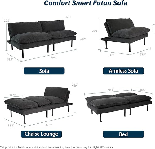 3 Sets 70" Futon Sofa Bed, 4 in 1 Multi-Function Couch Sleeper with Adjustable Backrest, Modern Convertible Futon, Recliner Small Loveseat for Living Room, Grey