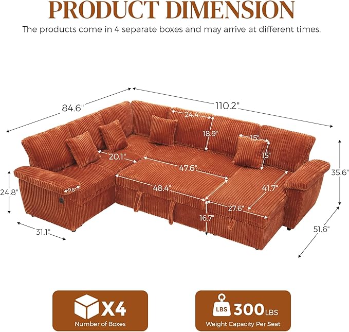 Modular Sectional Sleeper Sofa with Pull Out Bed, Storage Chaise & USB Charging, U Shaped Plush Corduroy Orange Sectional Couches for Living Room, Comfy Convertible 7 Seat Cloud Sofa Bed Orange