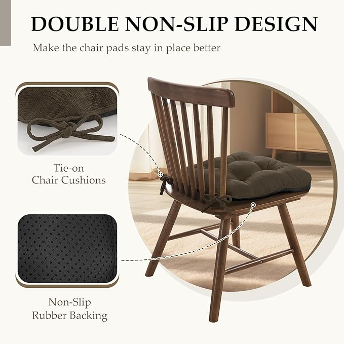 HARBOREST Chair Cushions for Dining Chairs Set of 4 - Chenille Tufted Kitchen Chair Cushions with Ties and Non-Slip Bottom, Foam Chair Pads for Dining Chairs, 17" x 17", Brown