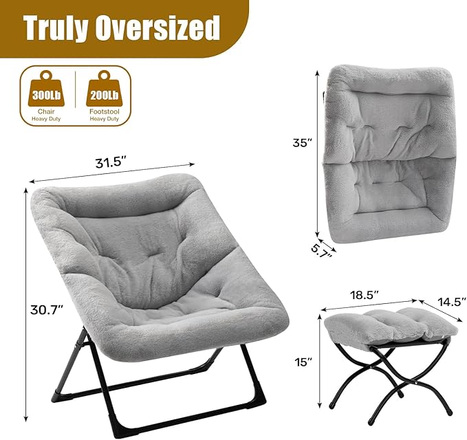 HollyHOME X-Large Saucer Chair with Foldable Ottoman, Comfy Oversized Folding Chair and Folding Footrest Stool Set, Faux-Fur Reading Chair and Footstool for Living Room, Bedroom, Grey Chair&Stool