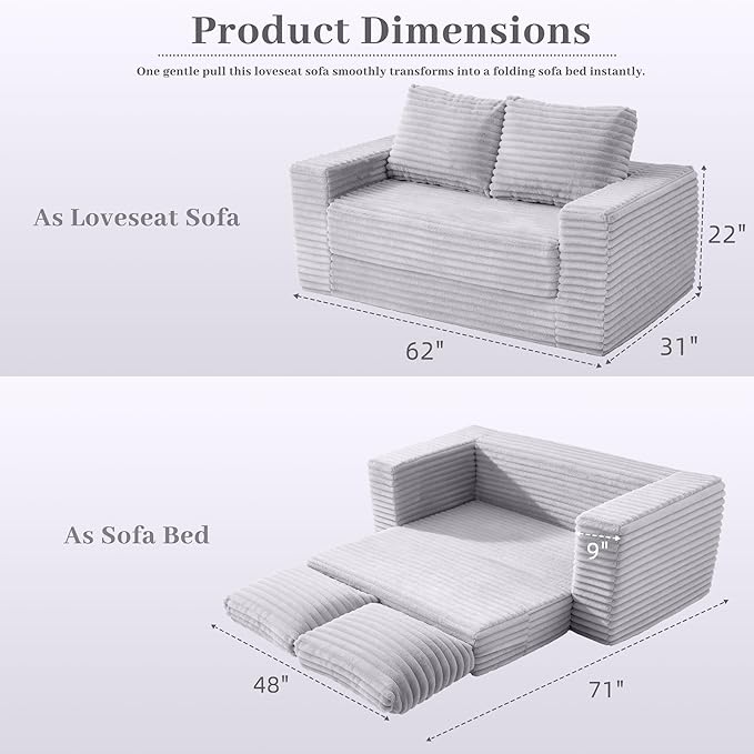 HABUTWAY Convertible Folding Sofa Bed Couch,3 in 1 Pull Out Couch Bed,Loveseat Sleeper Sofa Bed,Boneless Couches with Pillows for Living Room Bedroom, Light Grey