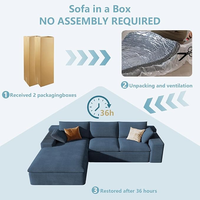 107" Cloud Sectional Couch with L-Shape Chaise, Modern Corduroy Viral Boneless Sofa for Living Room,Memory Foam Couches in a Box with Deep Seat,No Assembly Required (Blue,Left-Facing Chaise)