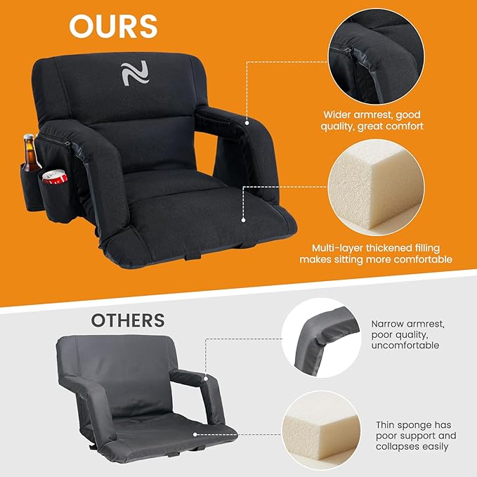 LILYPELLE Wide Stadium Seats with Back Support, Thick Bleacher Chairs with Comfy Cushion, 6 Reclining Positions Stadium Chair Bleacher Chairs with Armrests, Ultimate Comfort for Sports Events