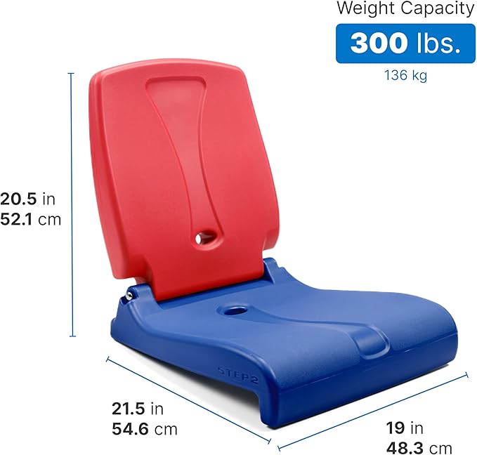 Step2 Folding Flip Seat, Lightweight Portable Outdoor Chair for Poolside, Camping, Beach, Boats, Tailgates, Durable Ground Chair with Back Support for Adults, Red & Blue