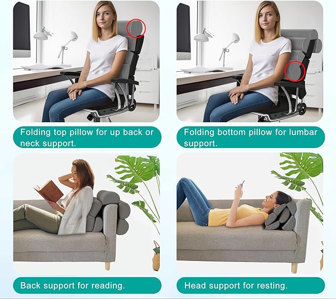 Back Support Pillow for Office Chair with Neck Support,Lumbar Pillow Adjustable for Chair,Patented 6 semi-Circular Foldable Back Cushion Hanging on Desk Chair/Couch/Recliner,Soft