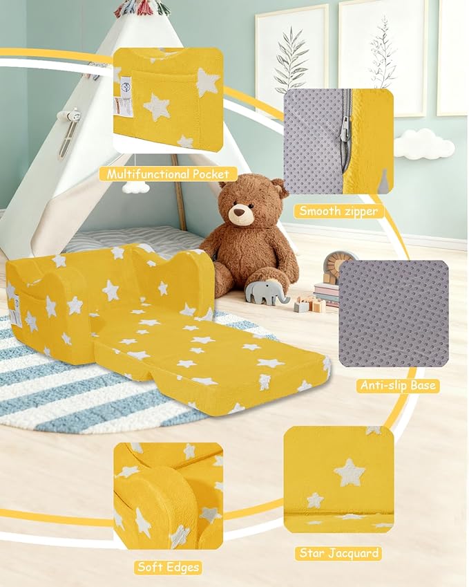 KokoSelene Toddler Couch, Kids Couch for Toddler Fold Out, 2-in-1 Convertible Kid Sofa to Lounger Bed for Girls and Boys, Ideal for Reading Sleeping Gaming Decor (Yellow)