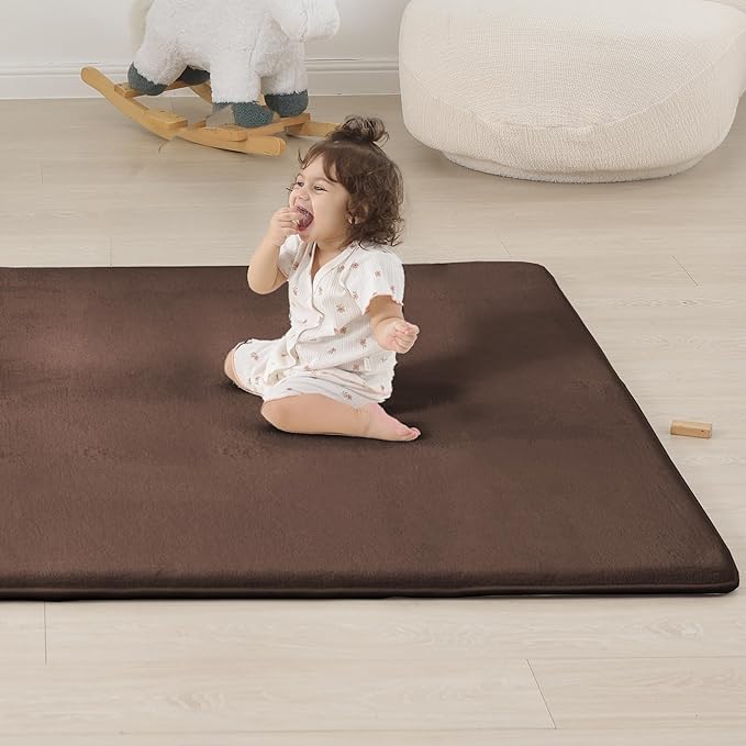 PAPAMAT 1.3" Thick Baby Floor Play Mat 50x50, Basic Padded Foam Mat for Tummy Time Crawling, Non Slip Cushioned for Babies Toddlers Infants Kids (Brown)