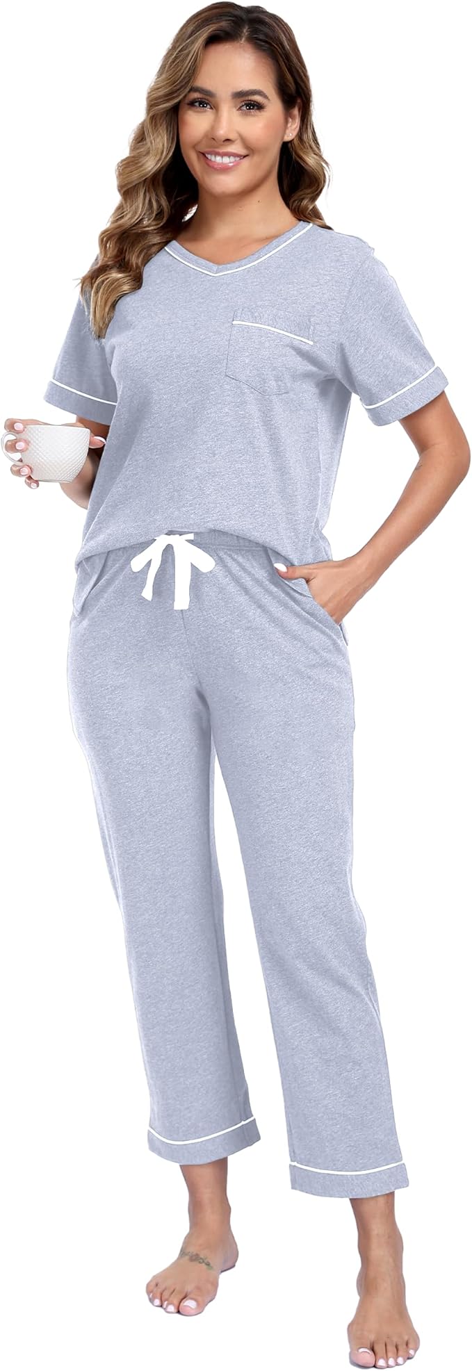 CF Women's 100% Cotton Pajama Sets Soft Short Sleeve Tops & Pants Comfy Sleepwear 2 Piece Lounge set with Pockets Loungewear
