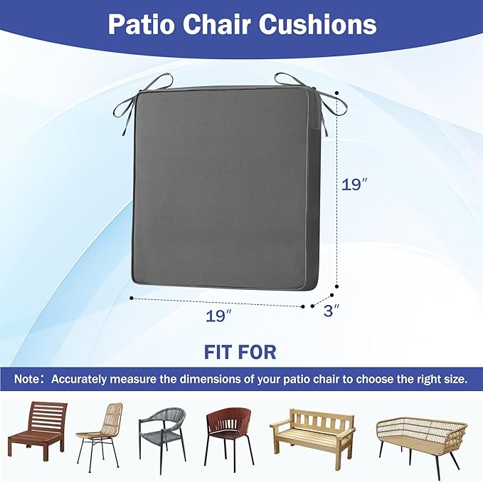 Patio Chair Cushions, 19" x 19" x 3" Outdoor Chair Cushions Set of 4, Waterproof Outdoor Cushions for Patio Furniture, Outdoors Seat Cushions Set of 4 with Handle and Ties, Grey