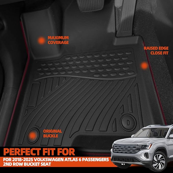 All Weather Floor Mats for 2018-2026 Volkswagen Atlas 6 Seats with 2nd Row Bucket Seat Floor Mats &Trunk mat with Backrest mats & 2nd Backrest mats for Volkswagen Atlas Accessories Floor Liner