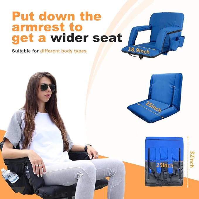 nalone Folding Stadium Seat Set of 2, 25 inch Extra Wide Stadium Chairs for Bleachers Stadium Seat Bleacher Chairs Portable with Back Supports Thick Padded Cushion Armrests Reclining (Blue)