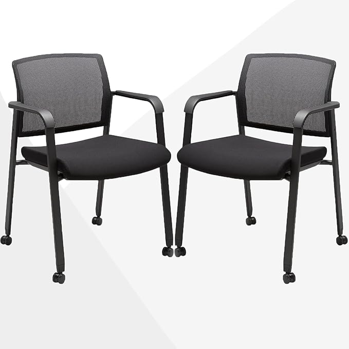 CLATINA Rolling Conference Chairs, 2 Pack Stackable Chairs with Wheels and Paddle, Ergonomic Mesh Back and Arms for Meeting, Conference, Training Room & Home Office (Black)