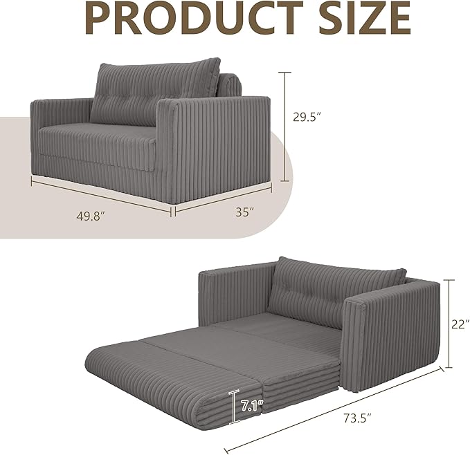 HABUTWAY Folding Sofa Bed, 2 in 1 Convertible Sleeper Chair with Pillow, Portable Fold Out Chair Bed with Armrest, Comfy Floor Couch, Lazy Sofa for Living Room Bedroom Dorm Home Office, Grey