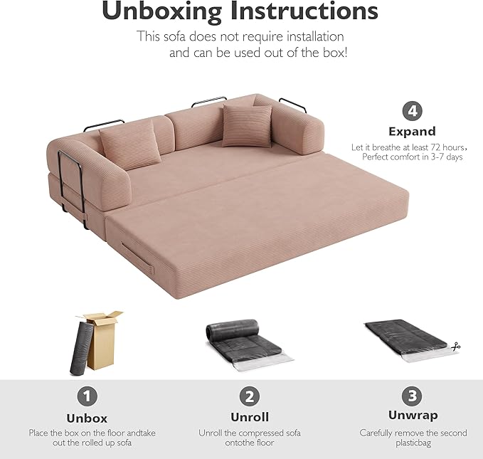 79 Inch 5-in-1 Convertible Sofa Bed, Corduroy Boneless Floor Couch with Fixed Frame & Pillow, Modular Folding Mattress Lounger for Small Space, Living Room, Bedroom - Easy Assembly(Pink)
