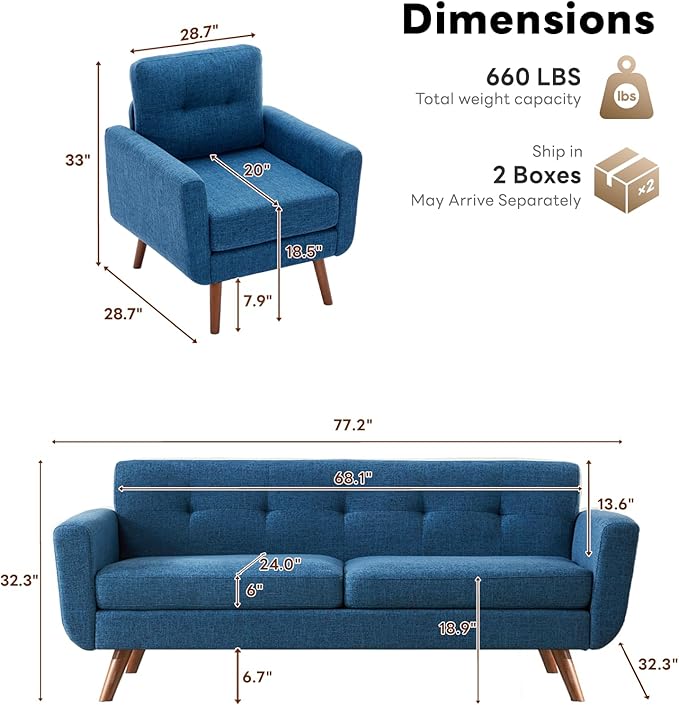 Tbfit Mid Century Modern Sofa Couch, Blue, Standard Sofa & Accent Chair | linen fabric, button tufted, solid wood foot, pocket spring, wood slats frame