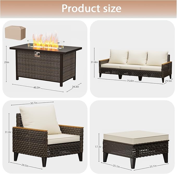 Xmkmvk 8 Piece Patio Sectional Sofa Set with 50000 BTU Fire Pit Table, All-Weather Wicker Rattan Outdoor Conversation Set, High Back, for Garden, Porch, Poolside, Beige