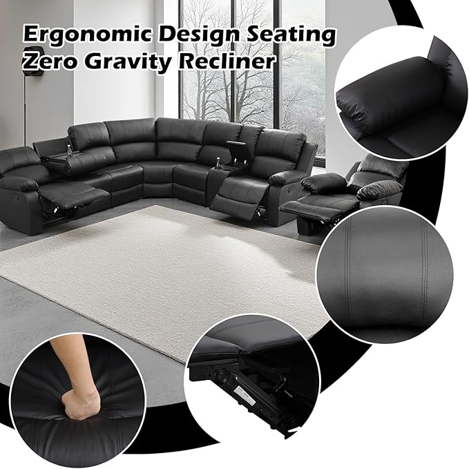 SIENWIEY Manual Leather Recliner Sectional Sofa for Living Room,L Shaped Reclining Sectional Corner Couch with Chair,Black Recliner Sofa Set with Storage Console/Drop Down Coffee Table/Cup Holders